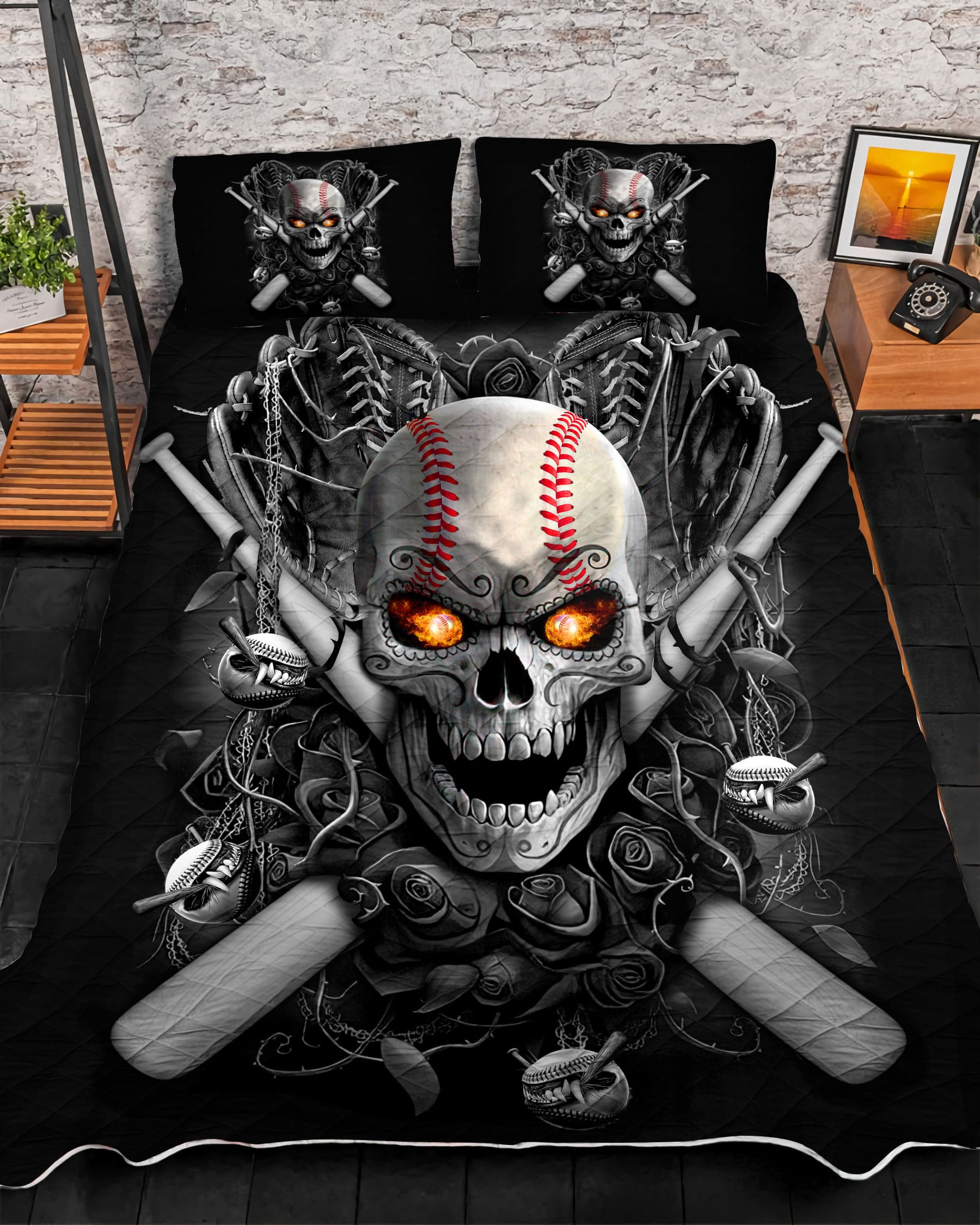 Premium Unique Colorful Baseball Skull Roses Quilt & Bedding Set 3D Printed