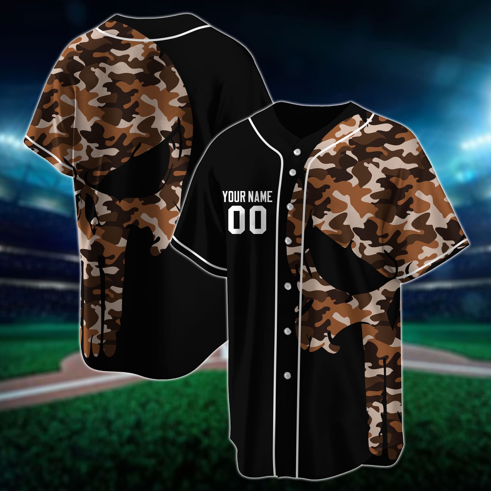 Men's Baseball Jersey Custom Team Sport Camo Skull Short Sleeve