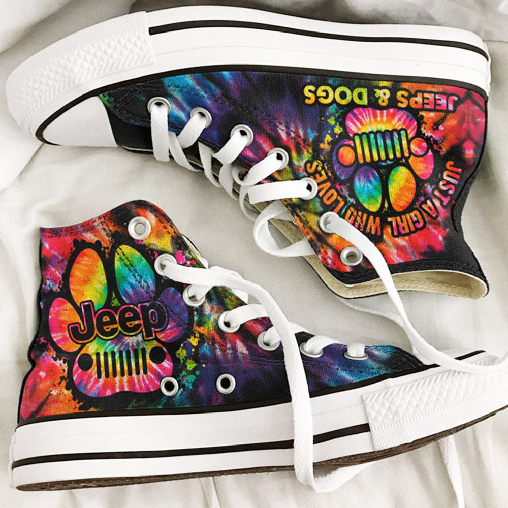 Jeep Dog Paw Colorful Tie Dye High Top Canvas Shoes