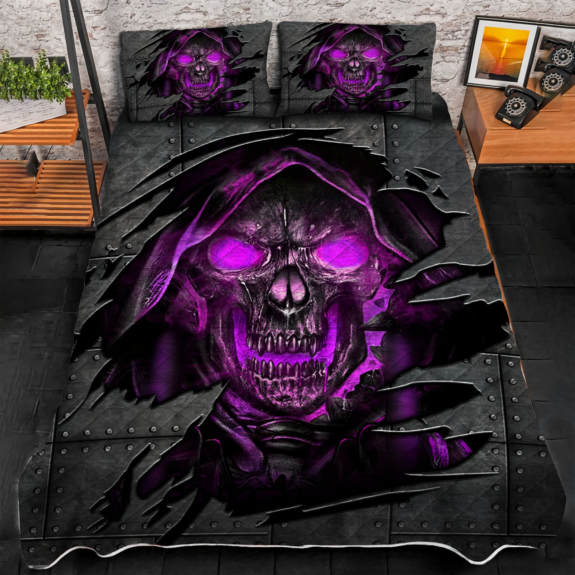 Premium Cracked Lava Skull 3D Quilt Bedding Set Multicolored