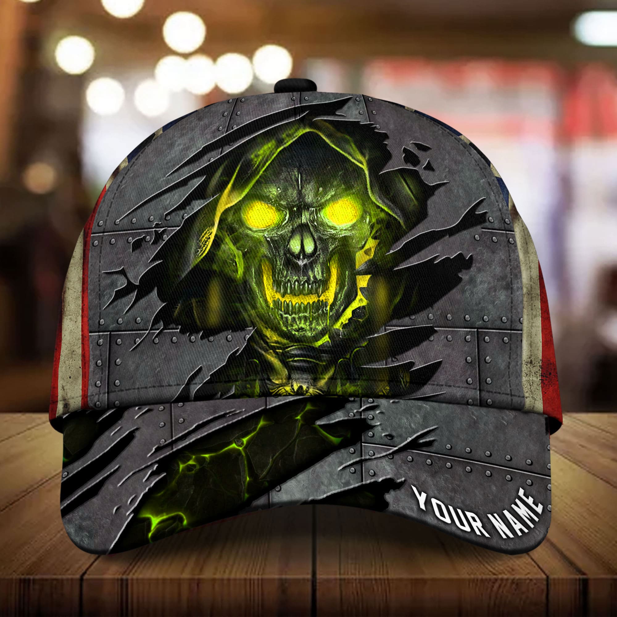 Premium Metal Cracked Skull 3D Hat Printed Green Personalized