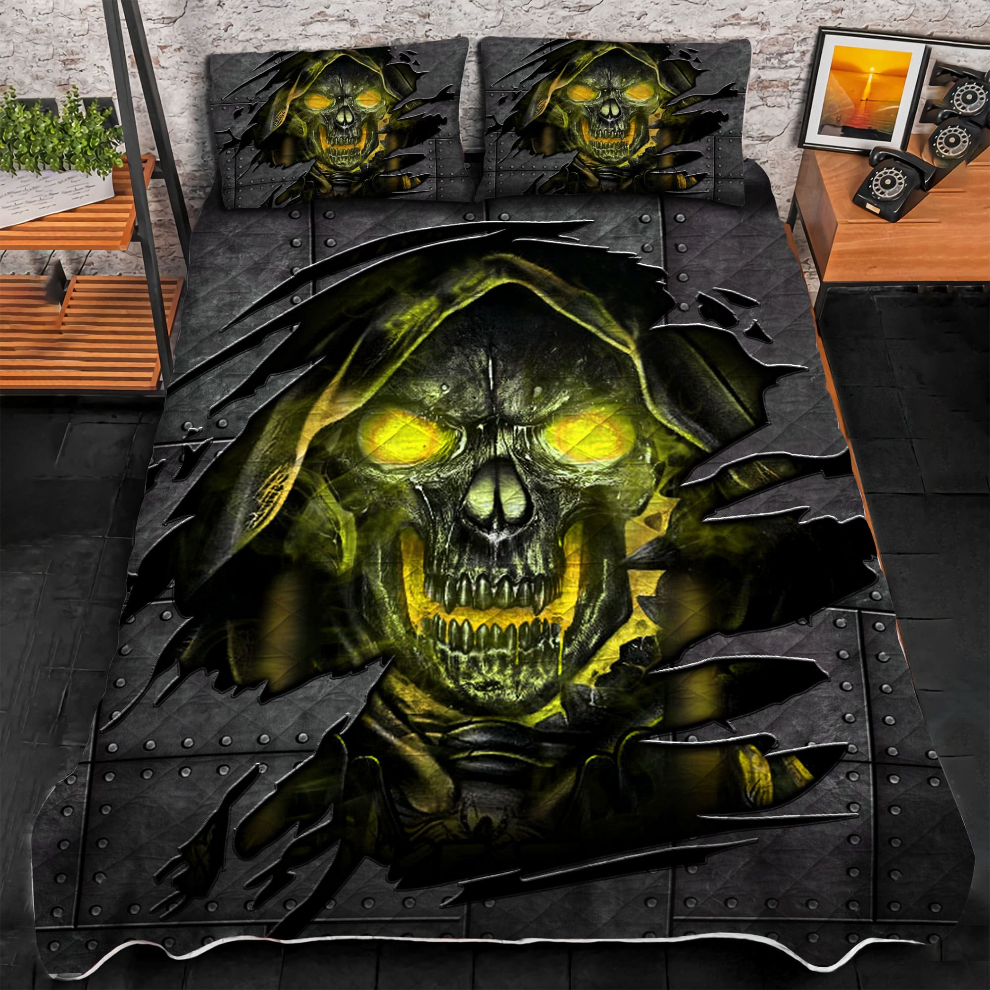 Premium Cracked Lava Skull 3D Quilt Bedding Set Multicolored